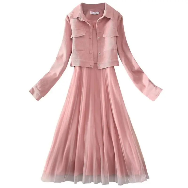 

2019 Spring Autumn Women Solid Button Coat+Mesh Patchwork Strap Draped Dress 2 Piece Suits Female Sweet Party Casual Sets Z329