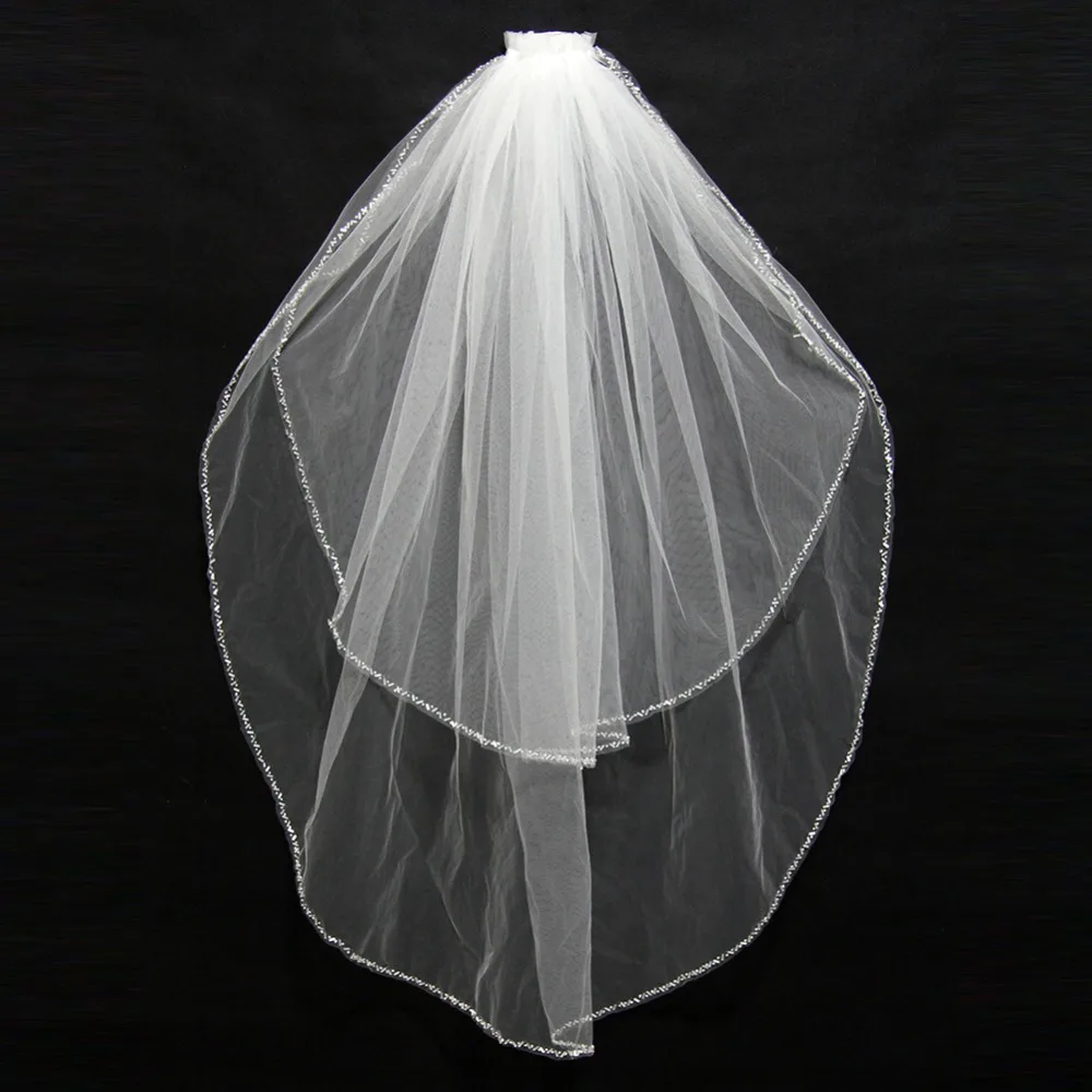 

White Ivory Bridal Veils Beaded Edge Wedding Veils Cheap 2018 With Comb Two Layer Tulle Bridal Veil Wedding Accessories