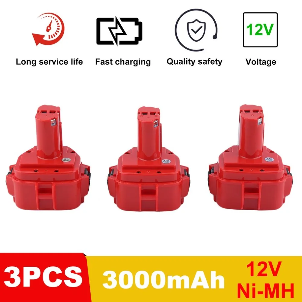 

LESHP 3 PCS Replacement Battery 3000MAH 12V 3Ah Ni-MH Battery Replacement Power For MAKITA Portable Power Tool Batteries