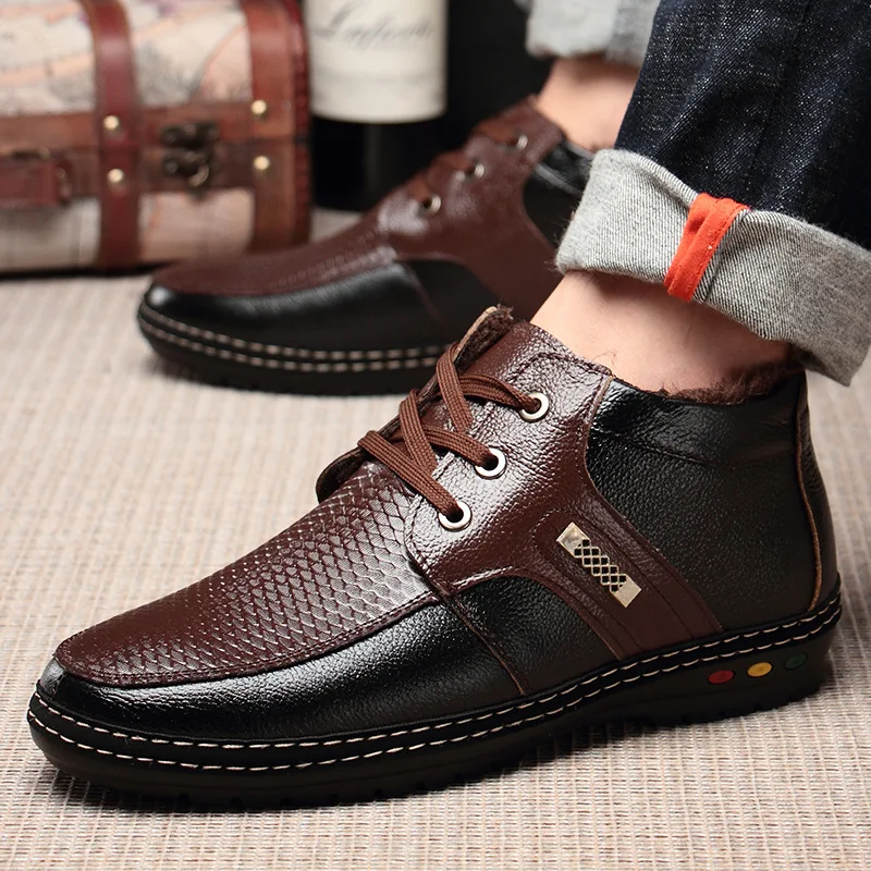 

2018 Thick Warm Winter Boots For Men PU Leather Snow Ankle Boots With Fur Fashion British Style Men Boots Shoes botas de hombres