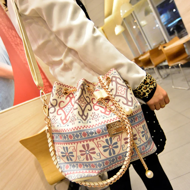  Bag for Women 2019 Bohemia Style Canvas Drawstring Bucket Bag Pearl Shoulder Handbags Women Messeng - 32957430919