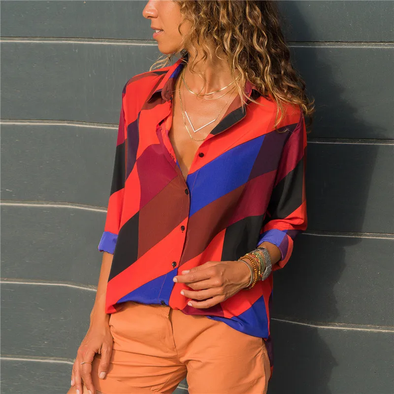 Женские блузки мода длинный рукав отложной воротник офисная шифоновая блузка рубашка повседневные топы плюс размер - Цвет: Orange
