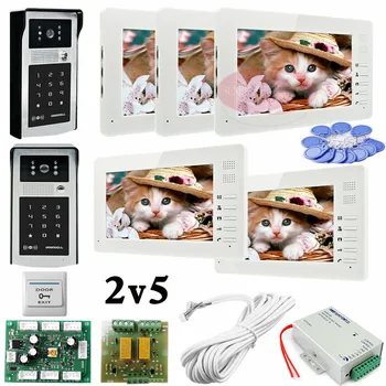 

Apartments 2 HD 700lines Cameras Code And RFID Cards Unlock 5 Monitors 7" LCD Video Intercom System Door Phone Doorbells