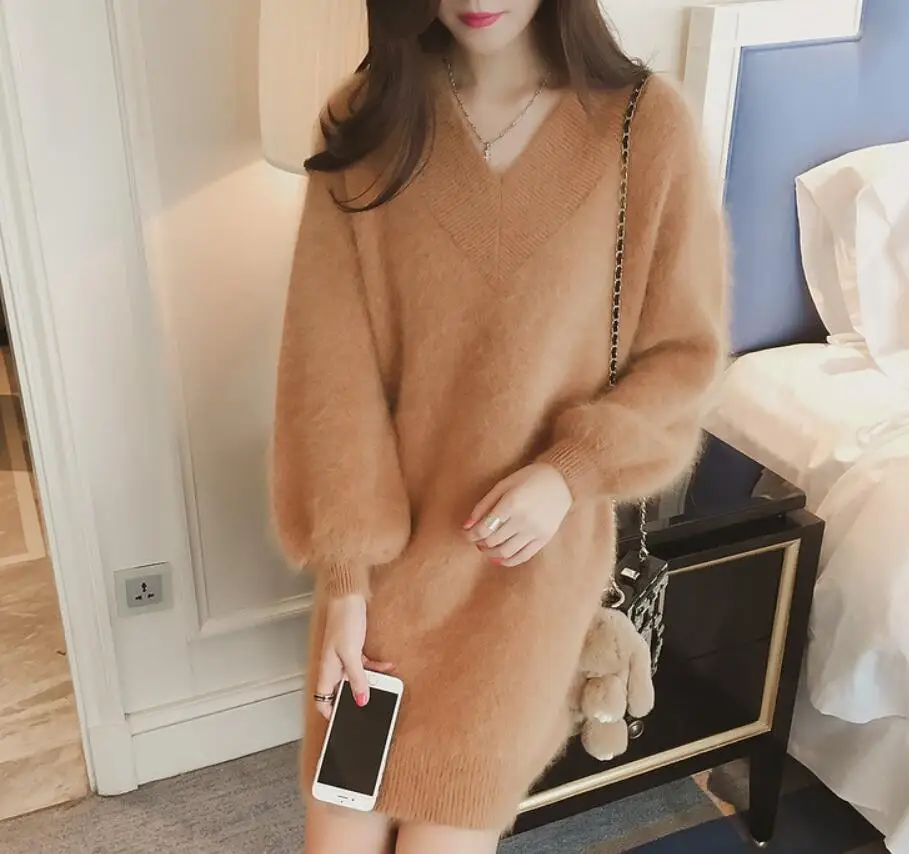 

Vintage mohair solid color long-sleeved V-neck warm dress 2019 spring new solid knit mini skirt women