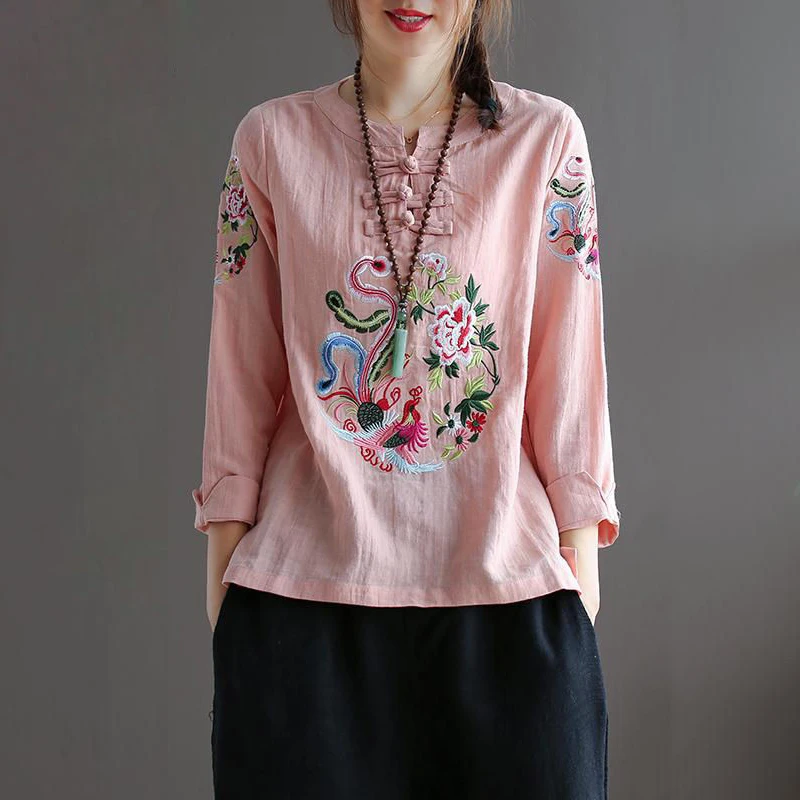 Feminina de Linho Casuais de Algodão Blusa Tamanho Grande Camisas Femininas Phoenix Vintage Bordados Manga Longa