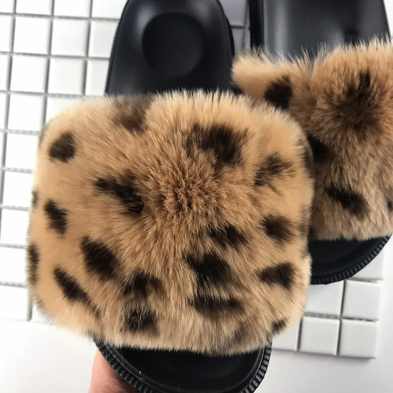 JELLYFOND Furry Slides for Women Leopard Slipper Real Rabbit Fur Slides Furry Flat Sandals Female Cute Fluffy Summer Shoes Woman