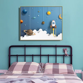 

Universe Space Moon Cartoon Kids Wall Picture Poster Print Rocket Baby Room Canvas Painting Kids Children Wall Art Home Decor