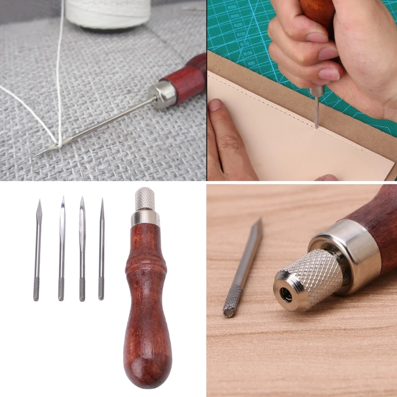 

4 in 1 Leather Craft Cloth Maker Stitch Paper Stitching Awl Pin Sewing Punching Hole Sewing Tools Apparel Fabric Kit
