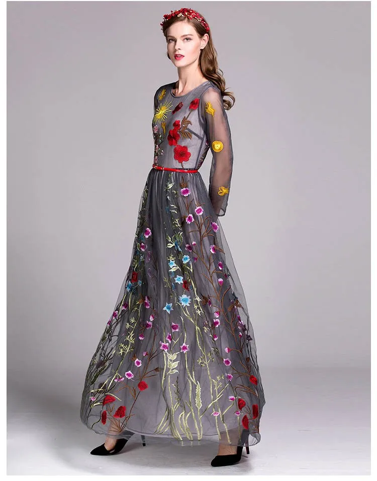 Роскошное Новое поступление, весеннее женское платье с круглым вырезом и длинными рукавами, с вышивкой, многослойное платье макси с цветочным рисунком, платья для подиума, 3 цвета