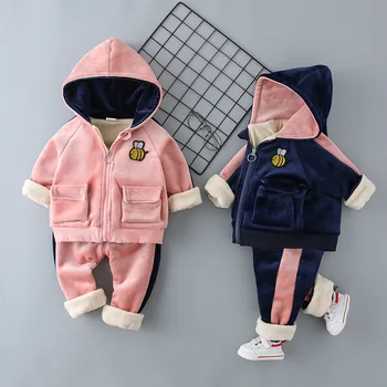 

Children clothes sets autumn winter boys toddler girls casual cotton cartoon thick velve hoodies+pants suit infant tracksuits