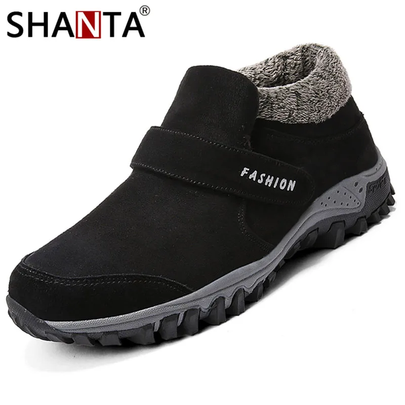 

SHANTA 2019 New Men Boots Fluff Man Ankle Boots Safety Winter Shoes Men Keep Warm Leather Botas Plus Size 47