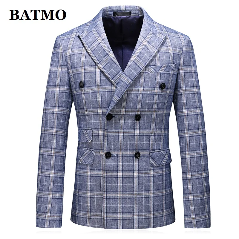 

BATMO 2019 new arrival autumn high quality double breasted plaid blazer men,men's plaid wedding dress,plus-size S-5XL XZ6032