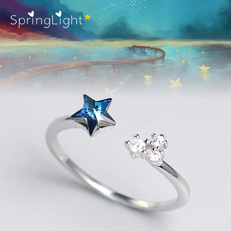 

SpringLight Adjustable Blue Crystal Wishing Star Rings Real 925 Sterling Silver Creative Designer Fine Jewelry for Women Bijoux