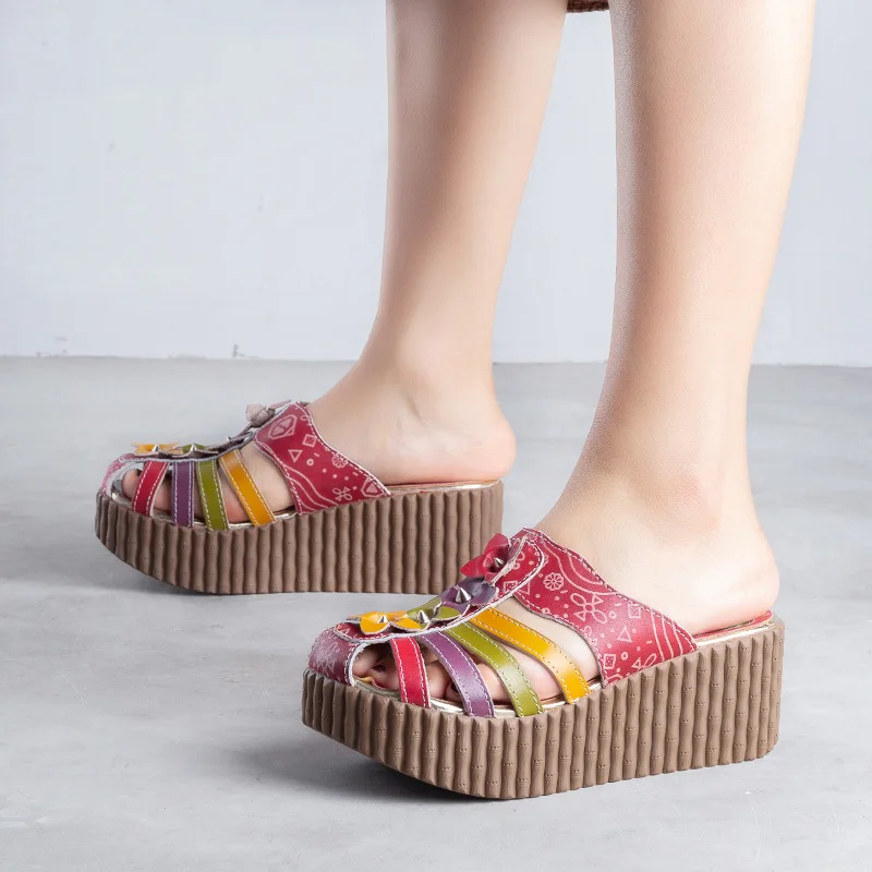 

Original Vintage Handmade Grain Leather Women's Shoes Slippers Thick Heel Slides Holiday Outdoor Slippers