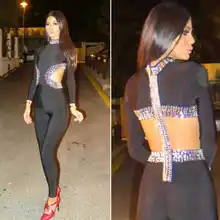 Сексуальная Высокая шея вырезами Черный комбинезон Для женщин эластичные тонкие длинные рукава luxe Бисероплетение Полный удлиненные комбинезоны