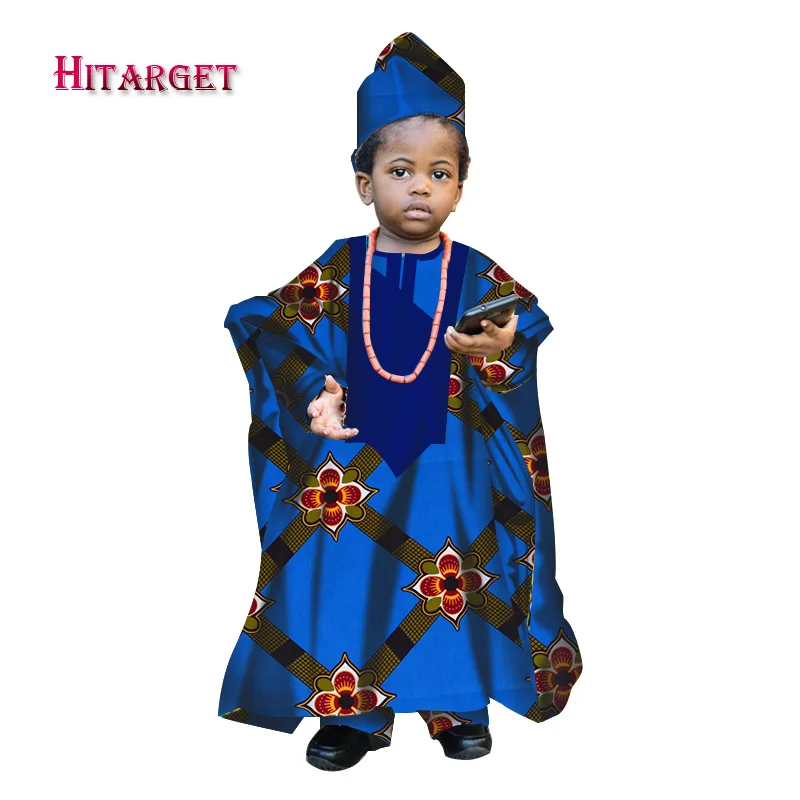 

African Autumn Boy Robe Kids Dashiki Traditional Cotton Long Sleeve Top and Pant set with hat Africa Print boys Robe Set WYT137