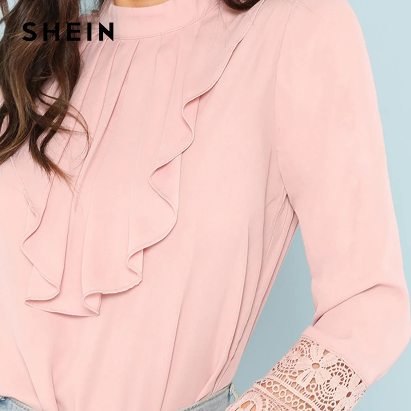 SHEIN Pink Flounce Neck Lace Cuff Top Elegant Stand Collar Long Sleeve Ruffle Blouse Women Autumn Plain Workwear Shirt Tops Blouses