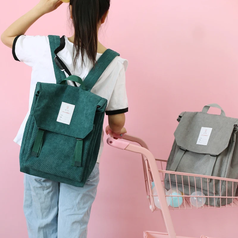  Korean Corduroy Women Gray Backpack Preppy Style Rabbit Travel School Bag Pack For Teenage Girls Mo - 32996775715