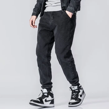 

Japanese Style Fashion Men Jeans Vintage Black Spliced Designer Denim Cargo Pants Harem Jeans Men Slack Bottom Hip Hop Joggers