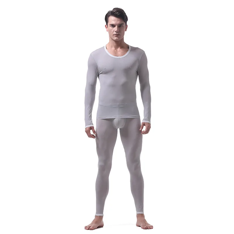 best long johns Ultra-thin Ice Silk Soft Fabric Men's Underwear Sets Translucent Breathable U Pouch Bag Design Sexy Long Johns(for A Suits) fleece long johns