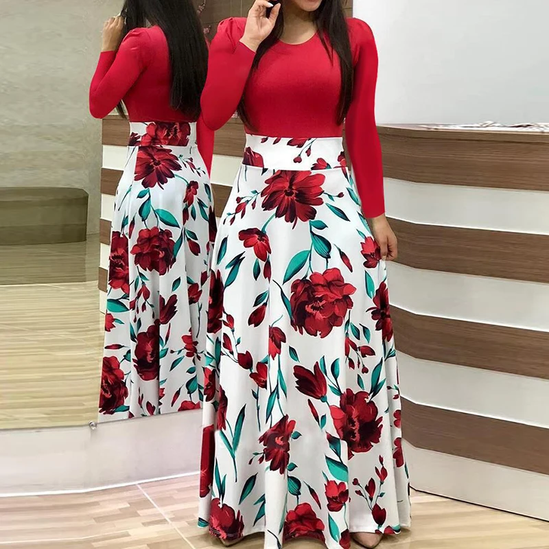 Women Long Sleeve Boho Polk Dot Maxi Dress New Fashion Floral Print Evening Party Dresses Women's Dresses Female Casual Vestidos