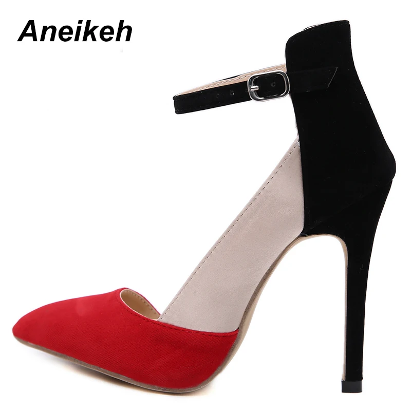 Aneikeh 2019 Fashion Women's Shoes Faux Suede Contrast Color Pointed Toe Pumps High Heels Stiletto Heels Patchwork Wedding Shoes