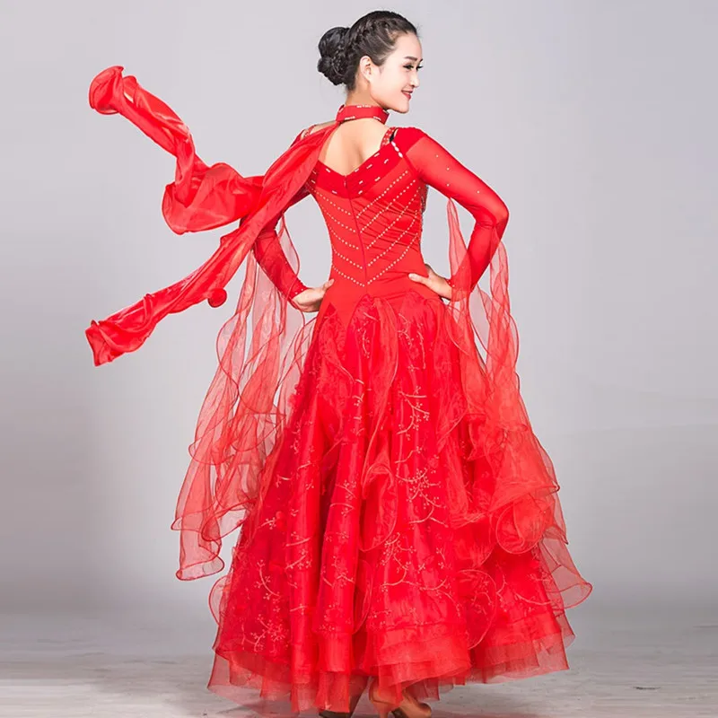 Красный бального танца Конкурс платья Стандартный Бальные платья Стандартный Танцы платья светящиеся костюмы Стандартный социального