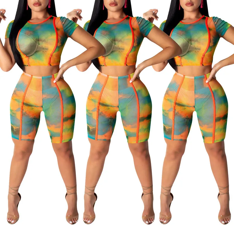 

2019 New colorful Mesh see through Beach Cover ups Shorts sleeve+ shorts bikini swimsuit cover up beachwear 2PCS/SET