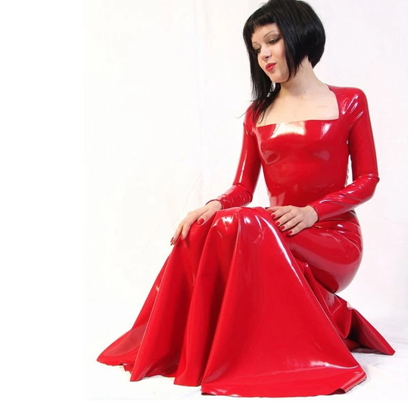 

Women Full Sleeve Latex Dresses With Bandage In Back Red Rubber Vestidos Large Size Hot Sale S-XXL Customize Service