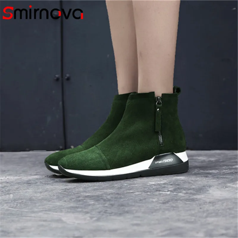

Smirnova HOT popular zipper shoes autumn 2018 simple med heels woman boots ankle boots ladies top cow suede leather boots black