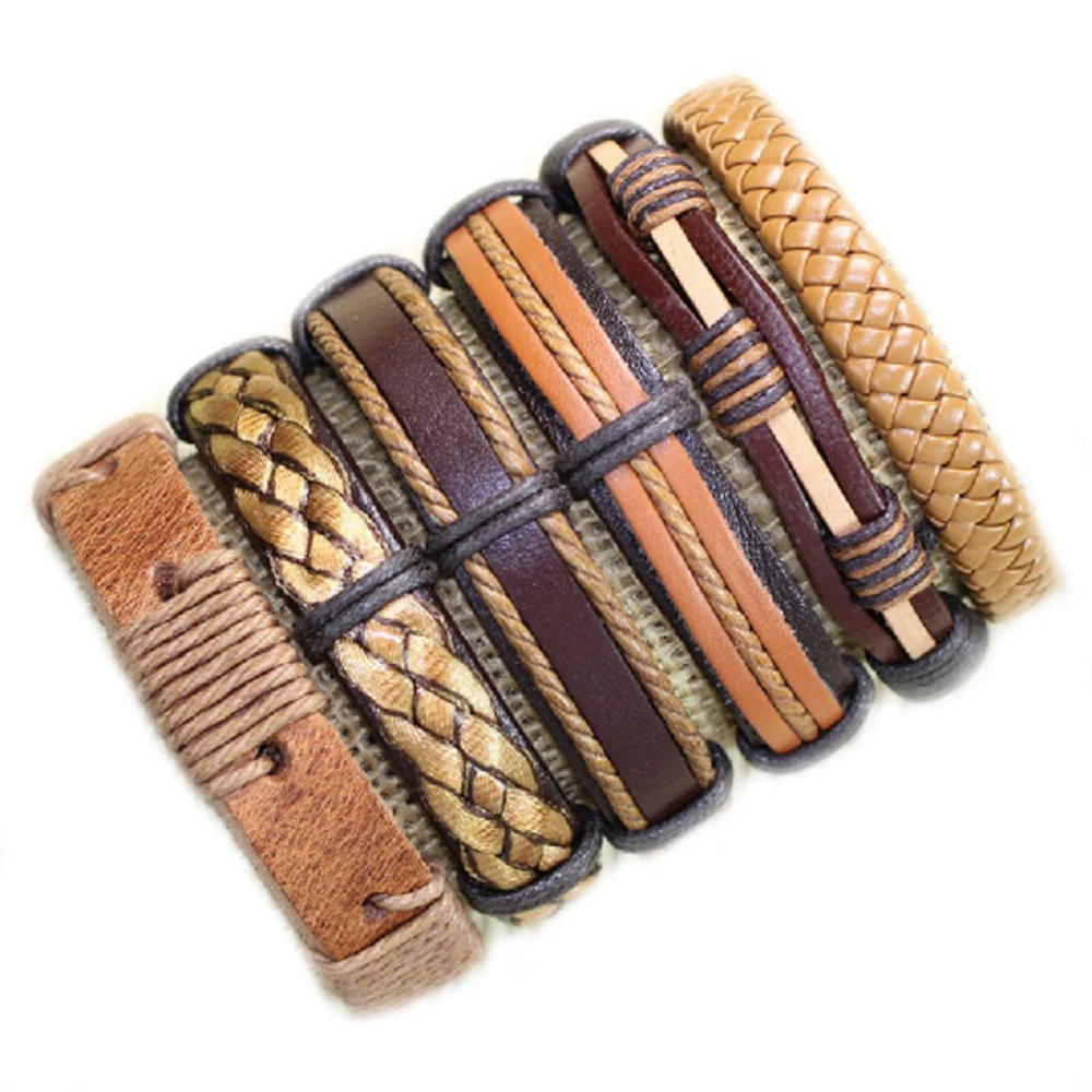 

Handmade wholesale (6pcs/lot)handmade bangles ethnic tribal jewelry adjustable genuine leather bracelet for unisex -S33