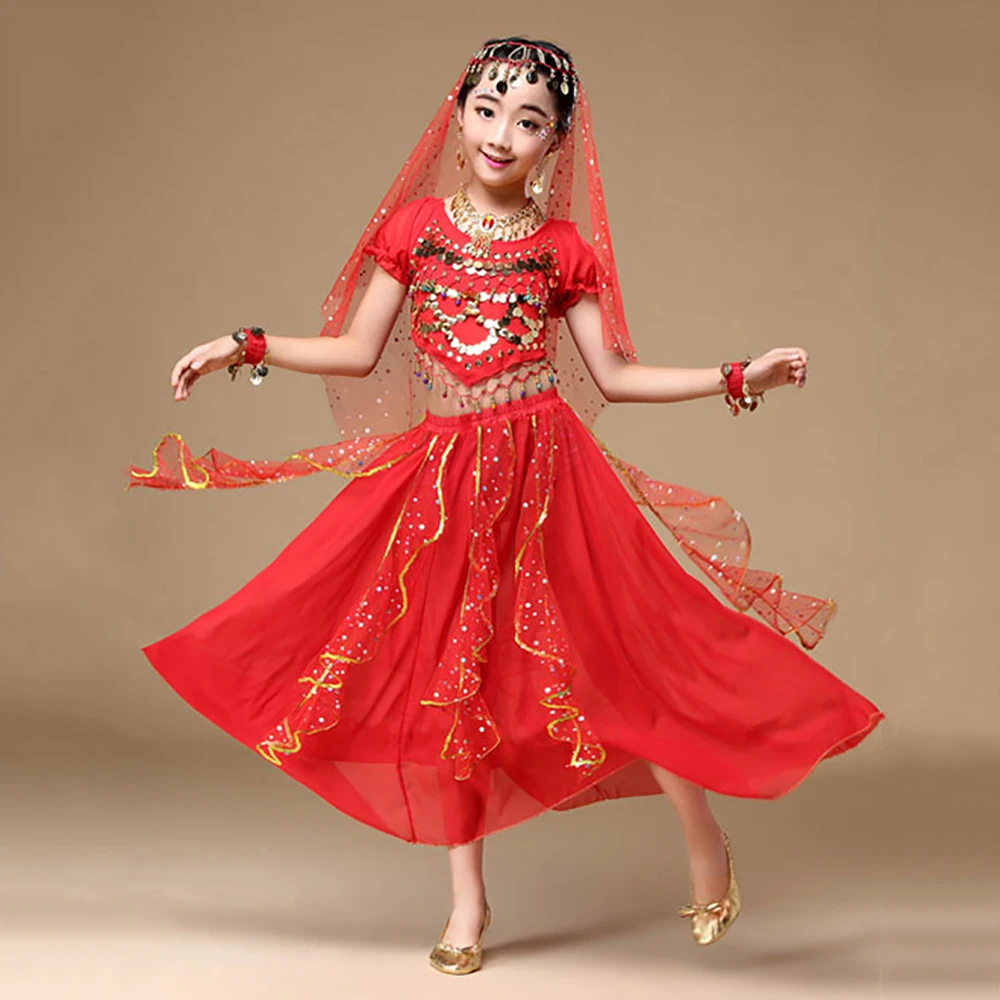 

2018 Girl Kids Children Belly Dance Costumes 2Pcs 5Pcs 5Colors Sequin Yarn Belly Dance Outfit Bollywood Indian Flamenco Dresses