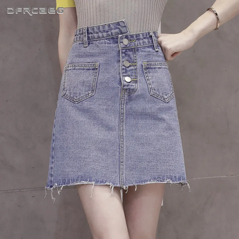 

Autumn Fashion High Waist Denim Skirts Womens Irregular Button Vintage Jeans Skirt Female Casual Mini Aline Skirt Blue
