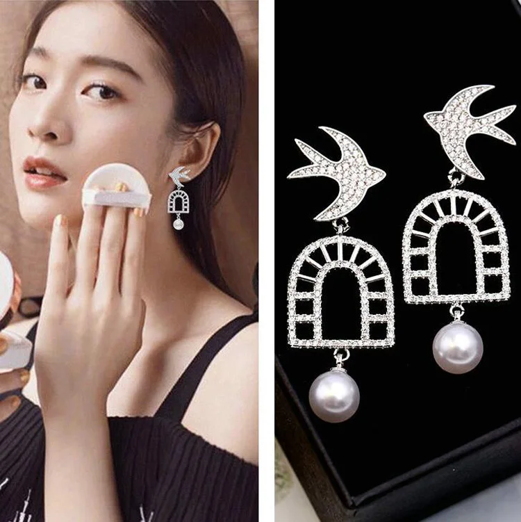 

2018 New Popular Swallow Earrings S925 Silver Needle Micro Pave AAA+ CZ Crystals Square Window Pendant With Pearl Drop Earrings