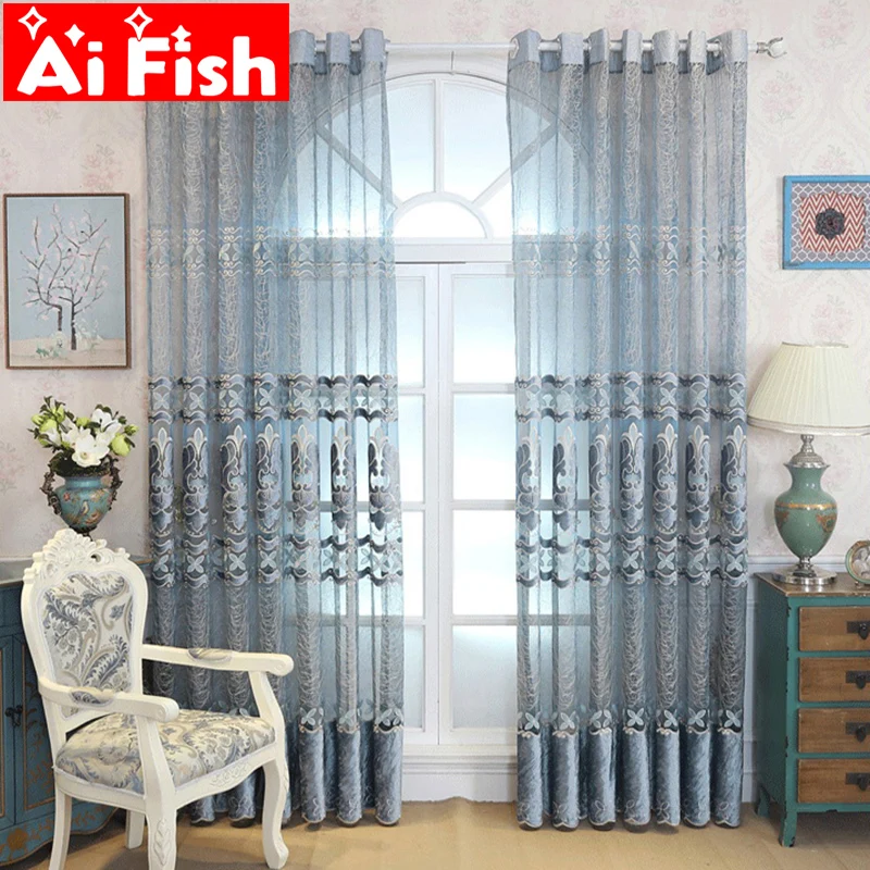 

European Classical Luxury Window Screens Sheer Tulle For Living Room Curtain Panel Embroidered Velvet Bottom Stitch Tulle M084#3