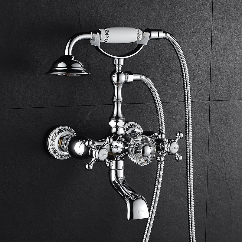 Роскошь ванной кран латунь хром серебристый Настенные дождь смеситель для душа Круглый ручной 2 ручки Ванная комната смесителя набор XT359