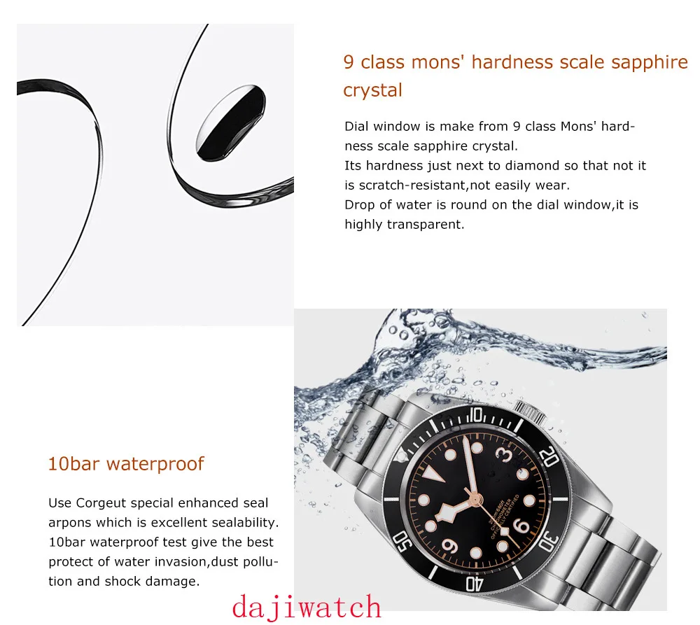Механические часы Corgeut, светящиеся сапфировые Schwarz Bay, мужские автоматические спортивные часы для плавания, роскошные Брендовые мужские механические наручные часы