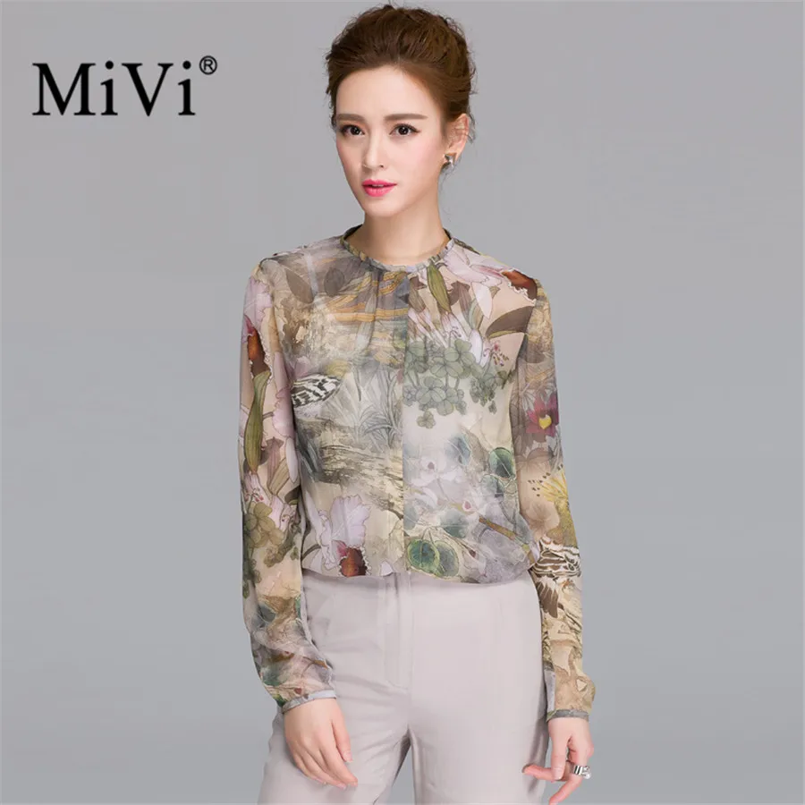 MIVI Brand Vintage Floral Blouses Women 100% Real Silkworm