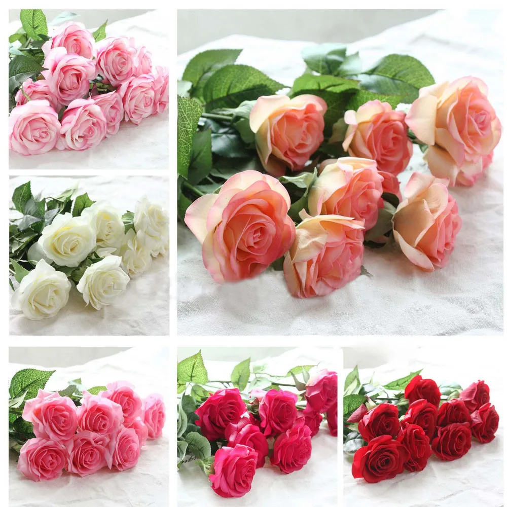 

10 Head Artificial Flowers silk Flowers For Wedding Bouquet Home Party Design Decoration Rose Real Touch