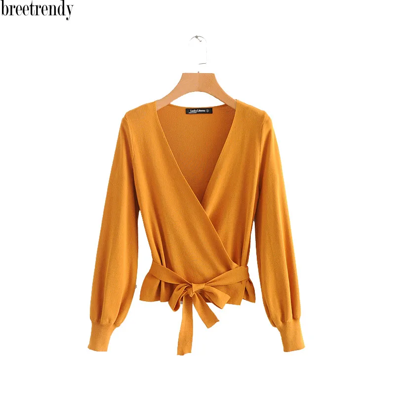 

MY168 European fashion women slim waist deep v neck crossed bottom with waistband knitted tops ladies autumn thin chic sweater