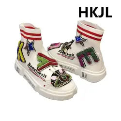 HKJL модные высокие толстая подошва эластичные вязаные носки обувь Новинка 2019 года Тяжелая вода дрель письмо уличная модная обувь для женщин