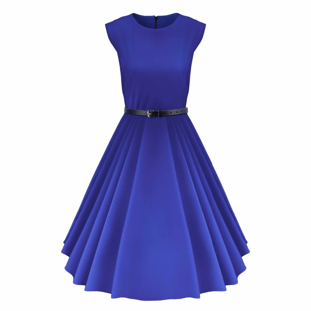 FFTY Women Vintage Dress Royal Blue Summer Dress A Line Knee Length