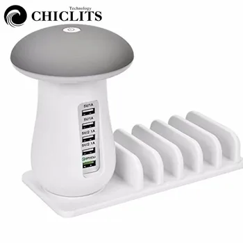 

CHICLITS Multifunction Mushroom Night Light USB Travel Charging 5 Port Charging Holder QC3.0 Fast Charge For iphone iPad