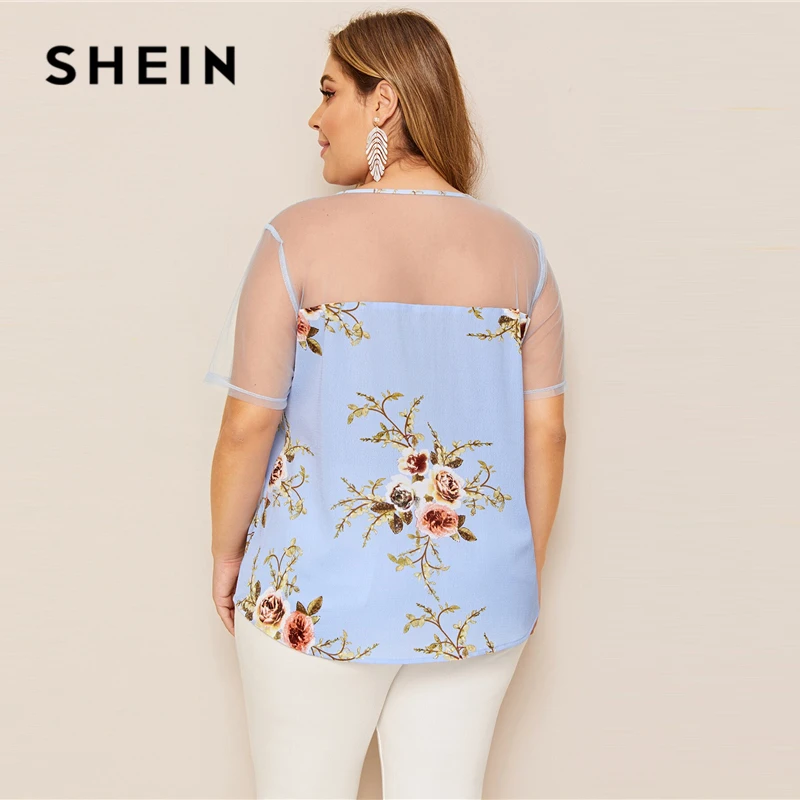 SHEIN Plus Size Blue Mesh Yoke Floral Print Top Blouse 2019 Women Summer Casual Contrast Mesh Round Neck Short Sleeve Blouses