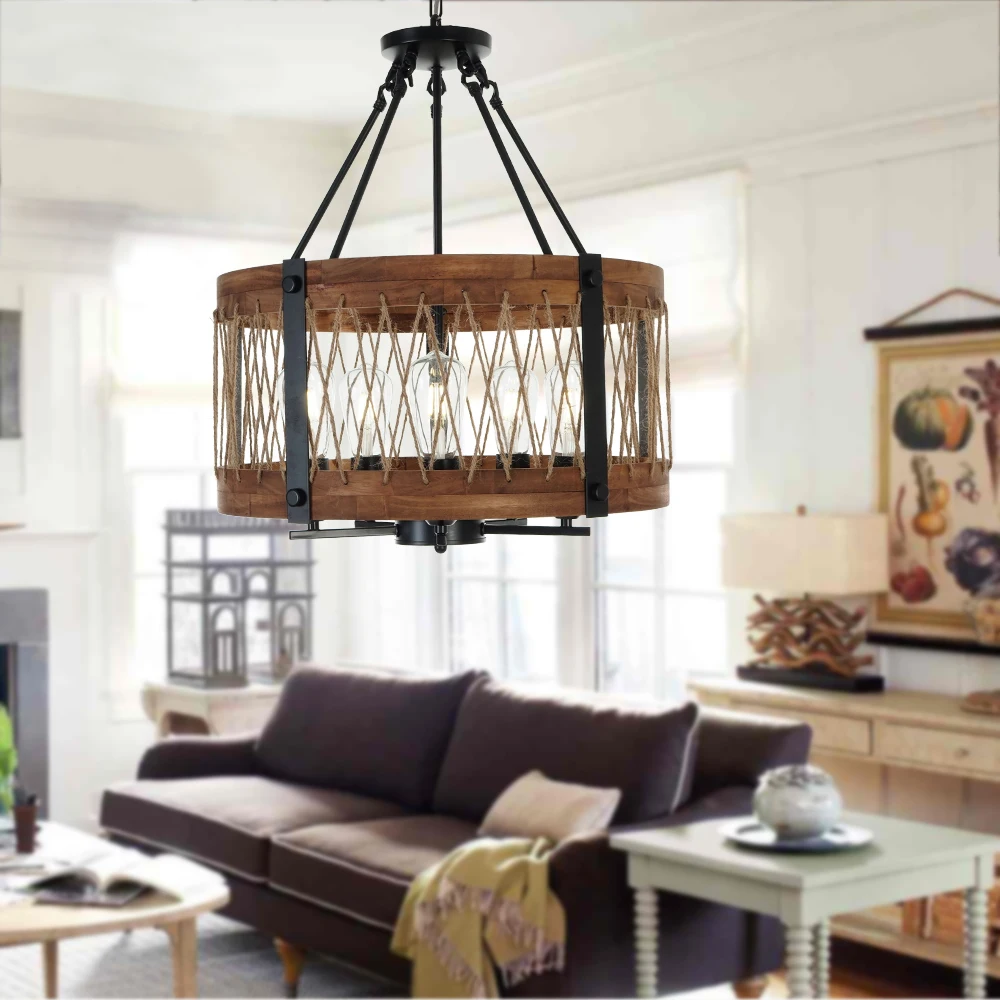 

2019 New Modern Wood Round Lighting Metal Chandeliers Hanging Drop Lighting Foyer Dining room Hotel Restaurant Good Quality