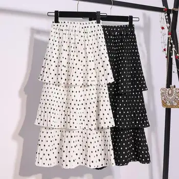 

Women Chiffon -high Waist Sweet Cakes Rock Polka Dot Multi -layer Elastic Waist Thin Folded Medium Long Skirts