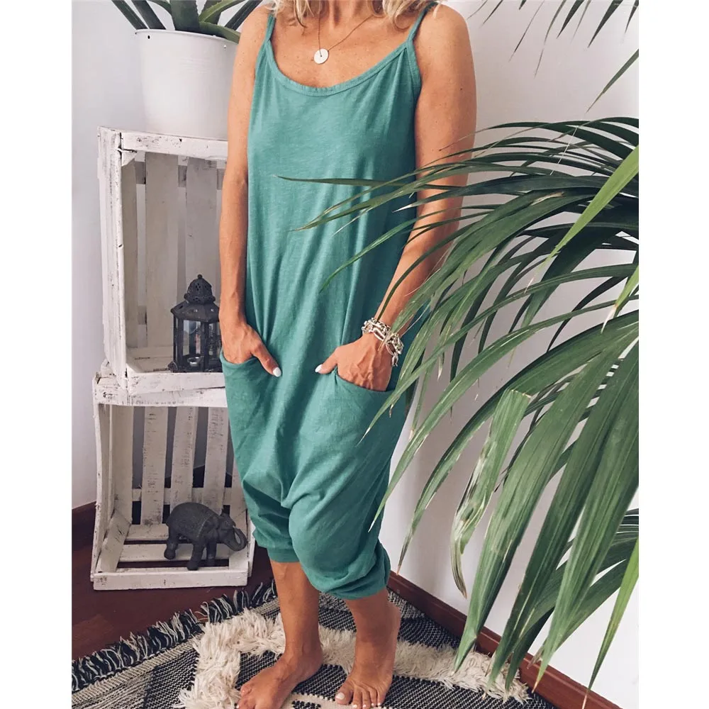 Women summer pocket Loose Casual Spaghetti Strap Jumpsuit HipHop Solid Color Romper Women summer pocket Loose Casual Spaghetti Strap Jumpsuit HipHop Solid Color Romper