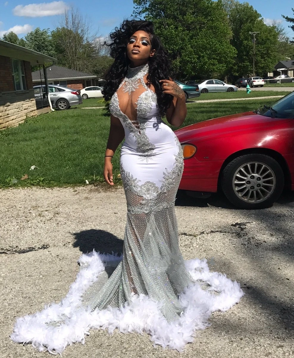 High-Neck Mermaid Prom Dress Lace Feather Evening Gowns 259