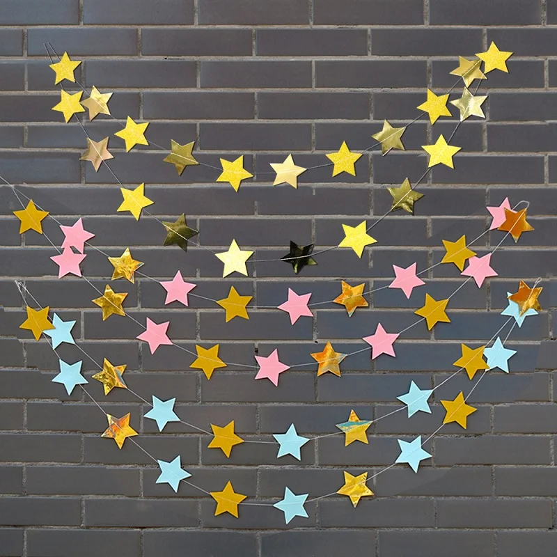 

2m Paper Garland 8cm Pink Blue Golden Star String for Baby Shower Birthday Party Hanging Decoration DIY Kids Room Banner