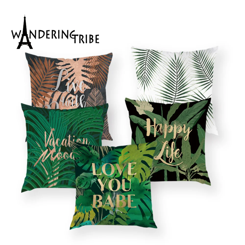 

Tropical Print Throw Pillow Cover Leaf Decorative Cushions Plant Pillow Case for Sofa Happy Life Pattern Green Cushion Covers
